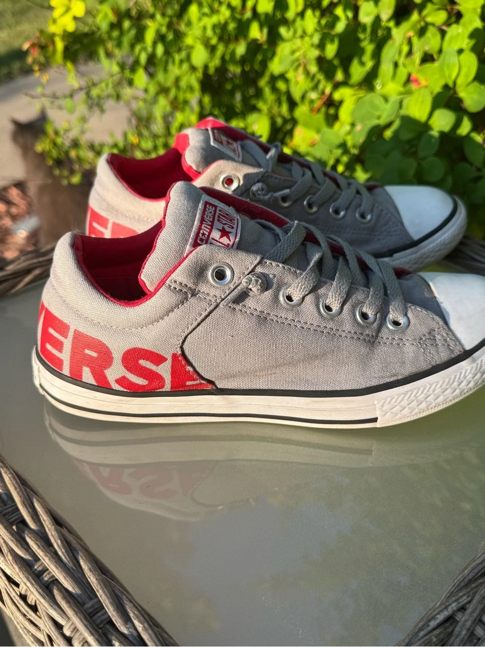 Converse Kids Low Top Canvas Sneakers - Slip In or Tie - Gray & Red - Size 5